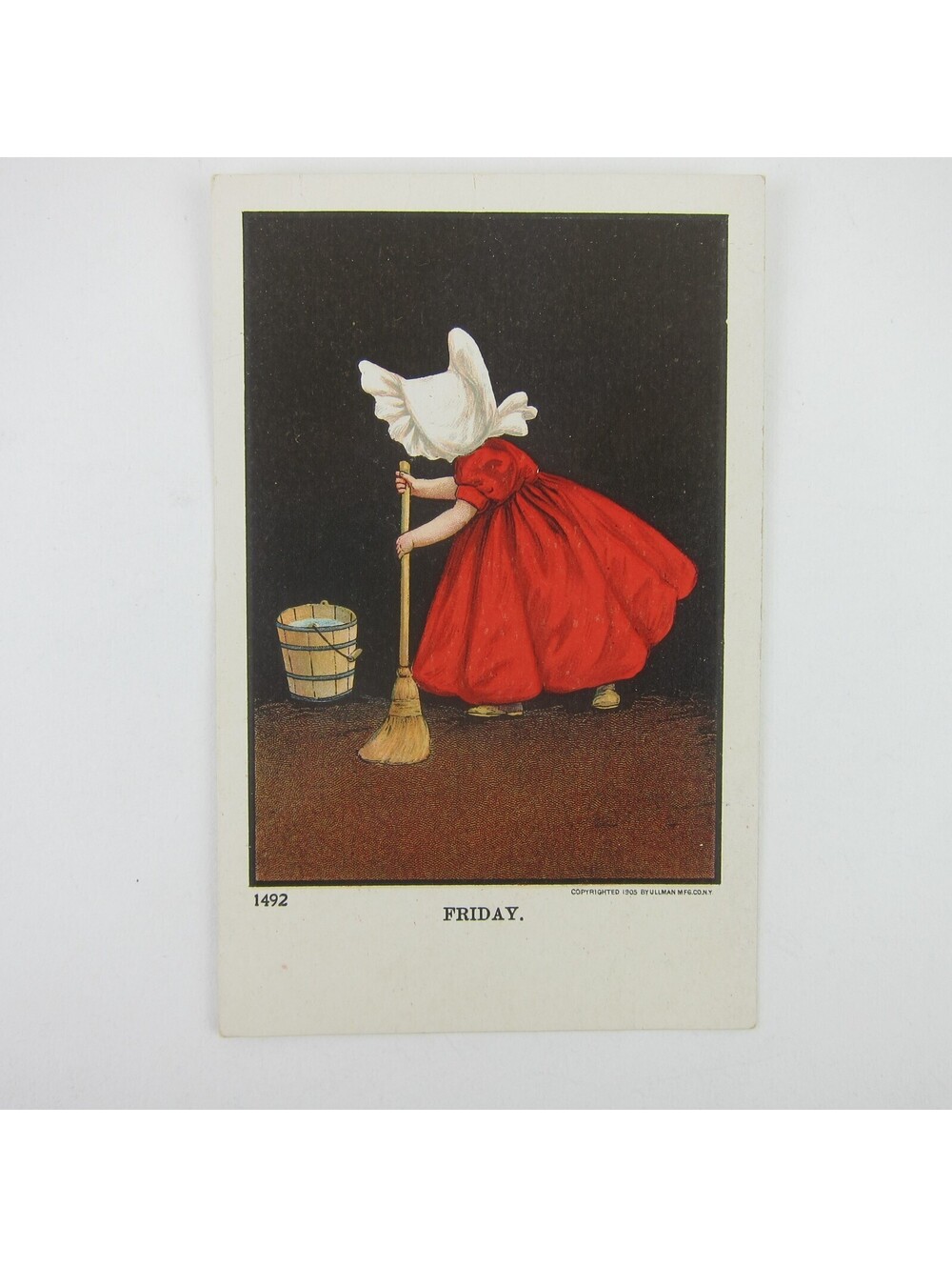 Postcard Sunbonnet Girl Red Dress Sweep Broom Days of Week Friday Antique 1905
